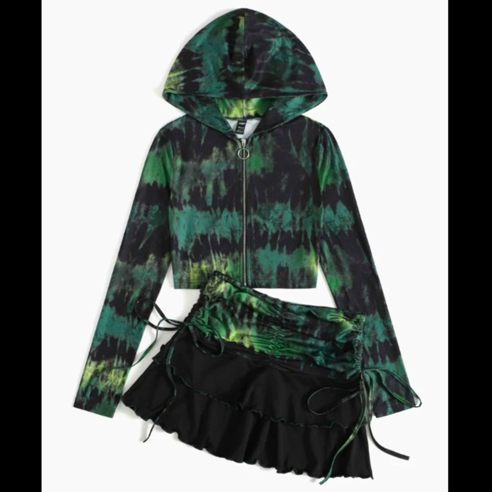SHEIN Tie-Dye Hooded Crop Top Jacket & Ruched Lettuce Trim Drawstring Skirt